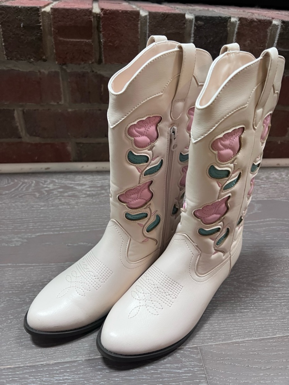 Target / art class Cream Cowboy Boots with Pink Floral and Teal Accents